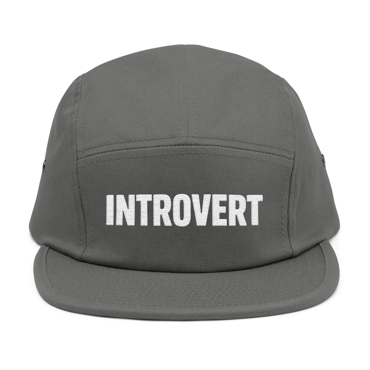Gray cap with 'INTROVERT' text on a white background. Clean minimalist introvert-themed embroidery artwork for caps. TEEZOCA