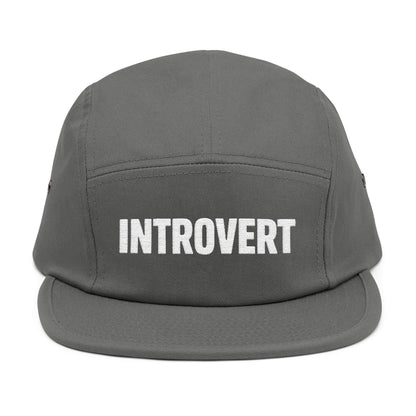 Gray cap with 'INTROVERT' text on a white background. Clean minimalist introvert-themed embroidery artwork for caps. TEEZOCA