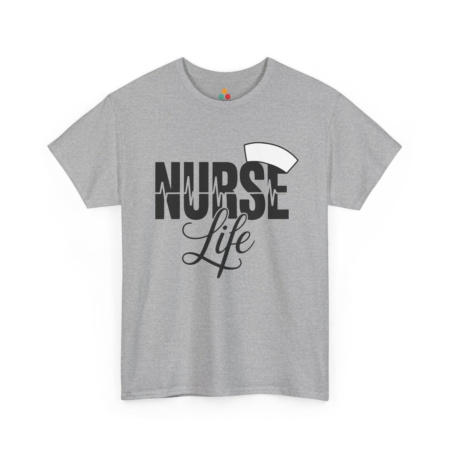 “Teezoca Nurse Life t-shirt, classic nurse cap and EKG line design, athletic gray tee, front view.”

