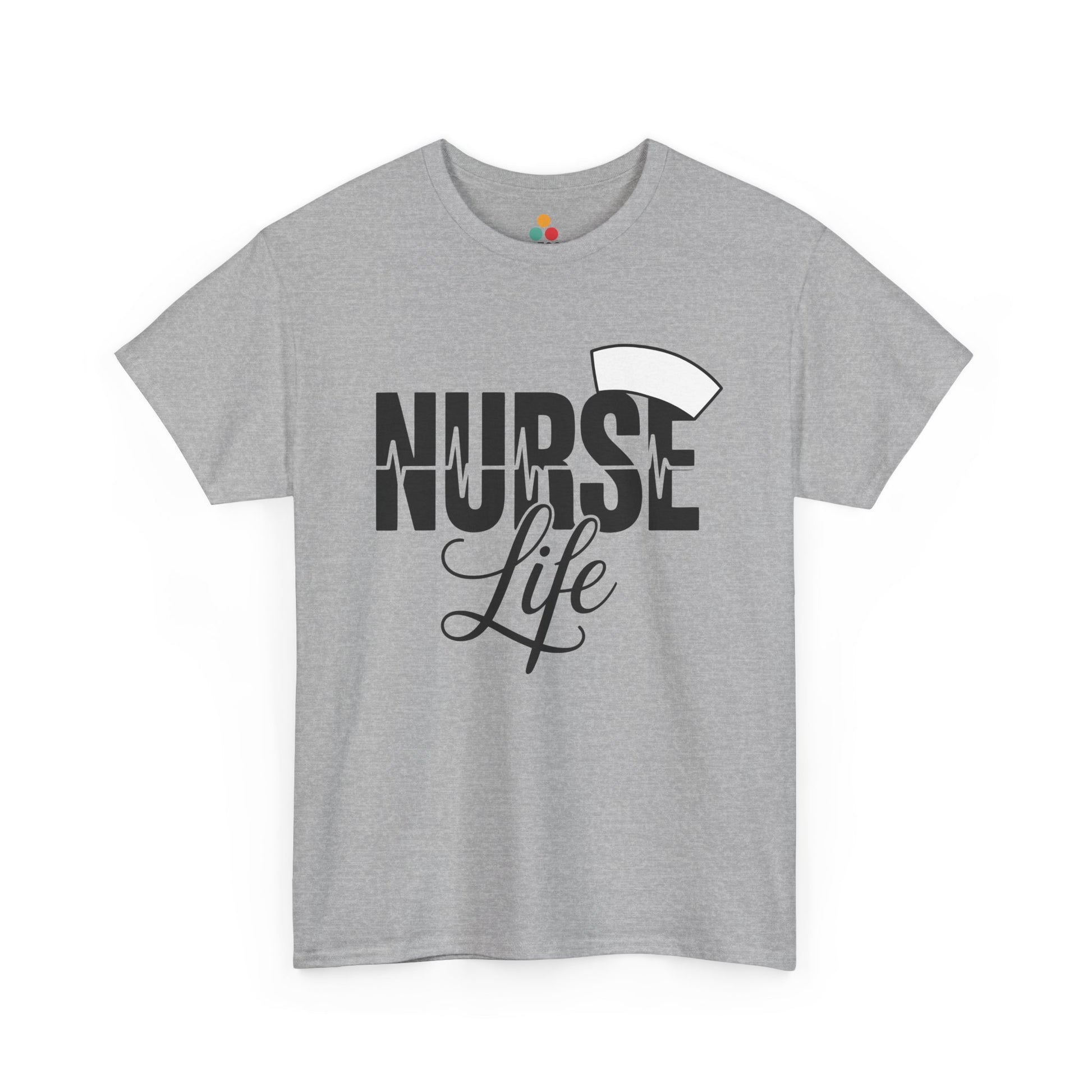 “Teezoca Nurse Life t-shirt, classic nurse cap and EKG line design, athletic gray tee, front view.”

