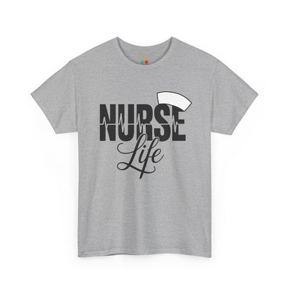 “Teezoca Nurse Life t-shirt, classic nurse cap and EKG line design, athletic gray tee, front view.”

