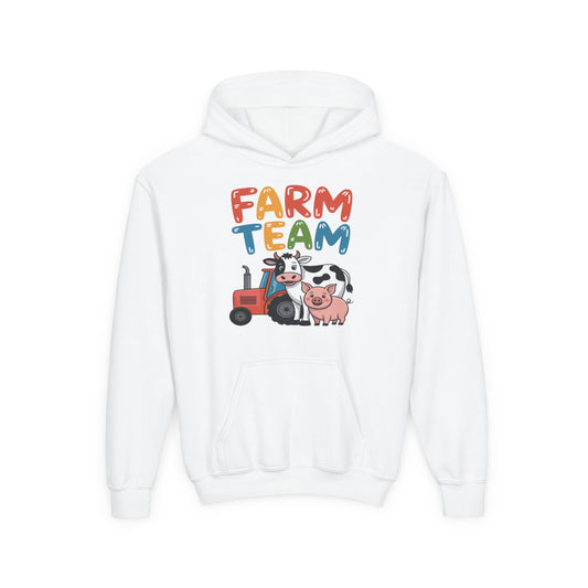 Farm Team Kids Hoodie — Cute Tractor, Cow & Pig Youth Pullover TEEZOCA