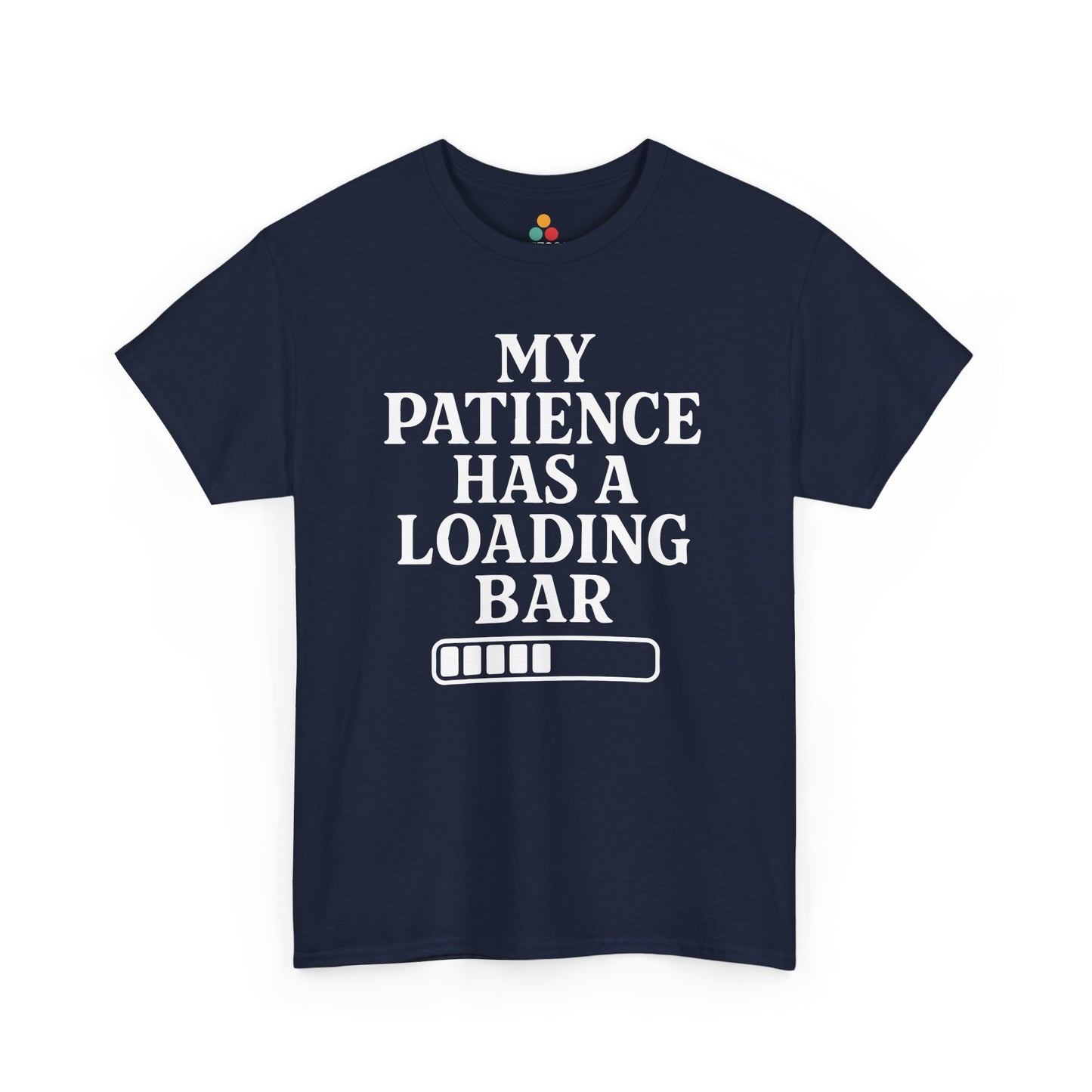 “Navy blue and royal blue ‘My Patience Has a Loading Bar’ shirts with white design, flat view.”



