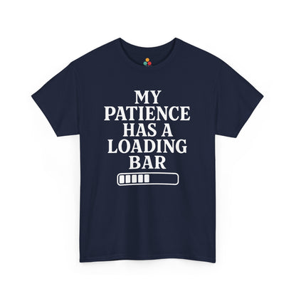 “Navy blue and royal blue ‘My Patience Has a Loading Bar’ shirts with white design, flat view.”



