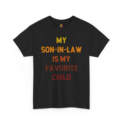 TEEZOCA black “My Son‑In‑Law Is My Favorite Child” retro gradient text t‑shirt shown flat.
