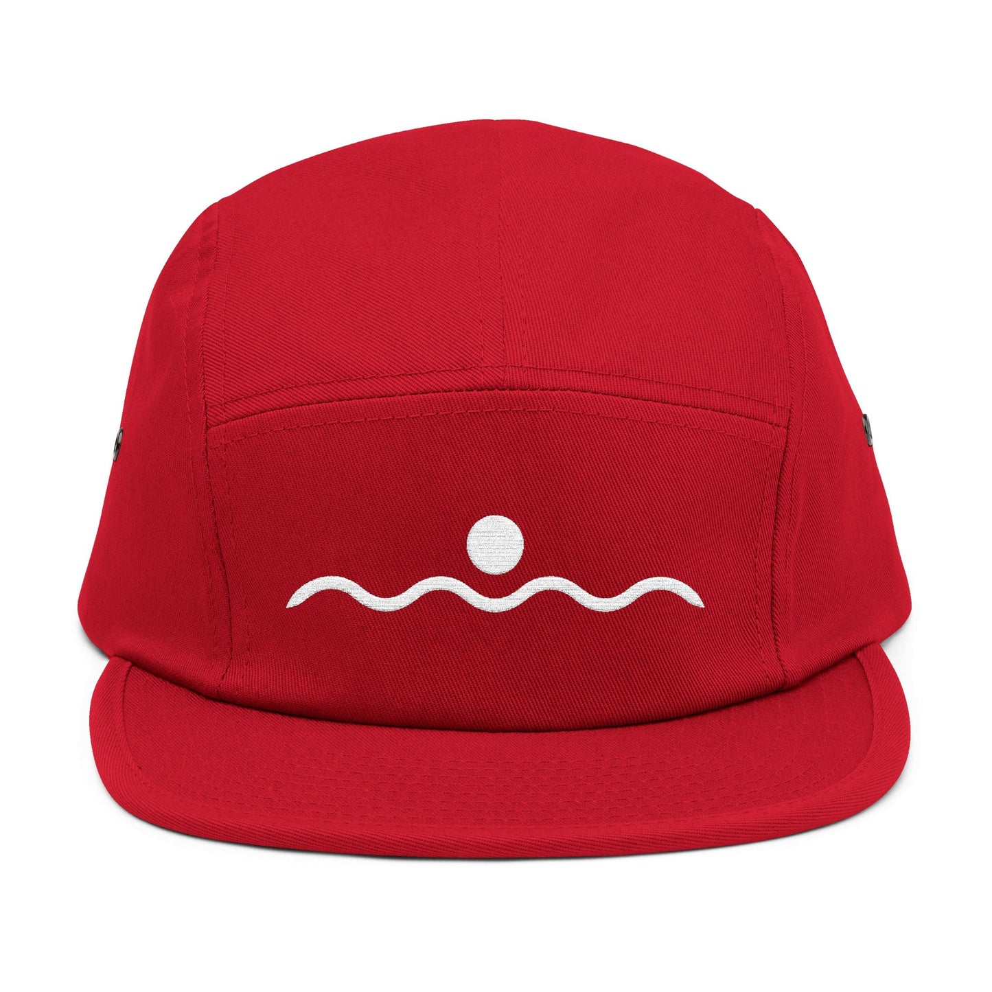 Red cap with white wave design on a white background. Simple sun above wavy line illustration minimalist design embroidery. TEEZOCA