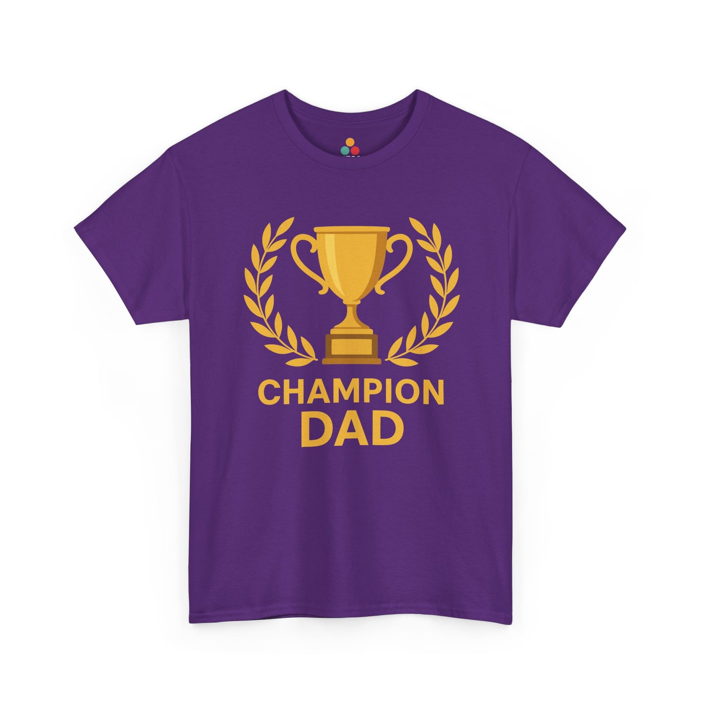Purple t-shirt with 'Champion Dad' graphic on a white background