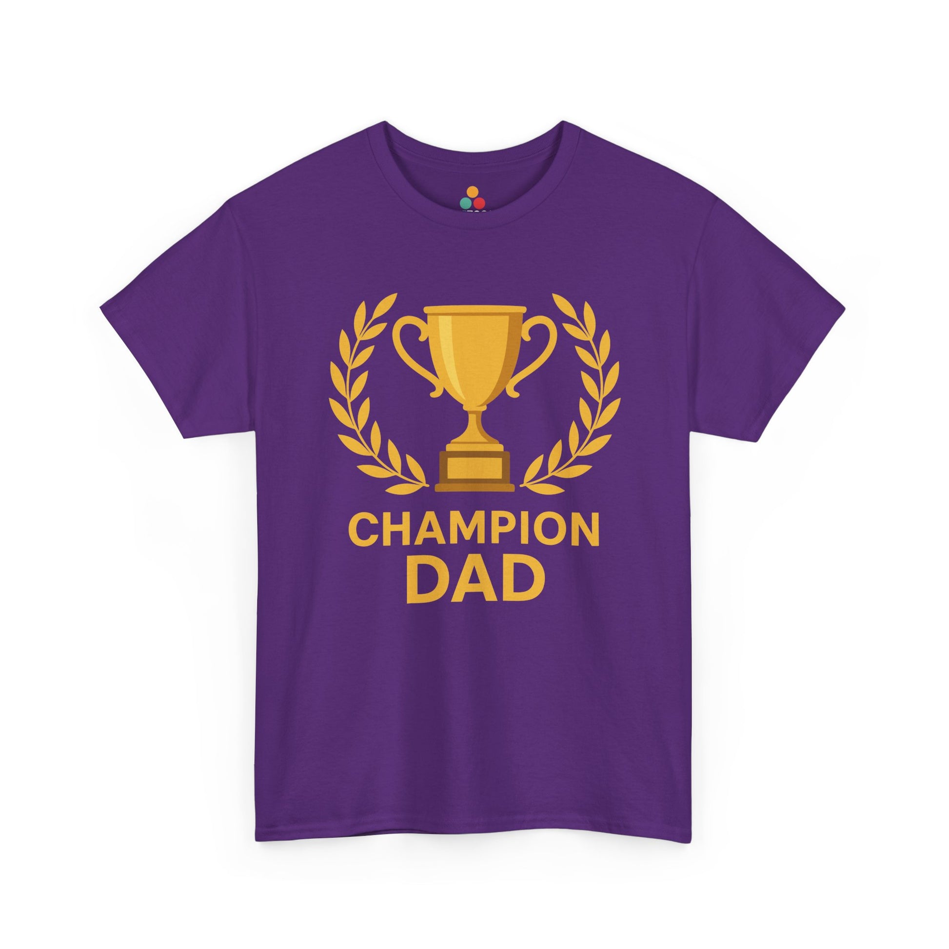 Purple t-shirt with 'Champion Dad' graphic on a white background