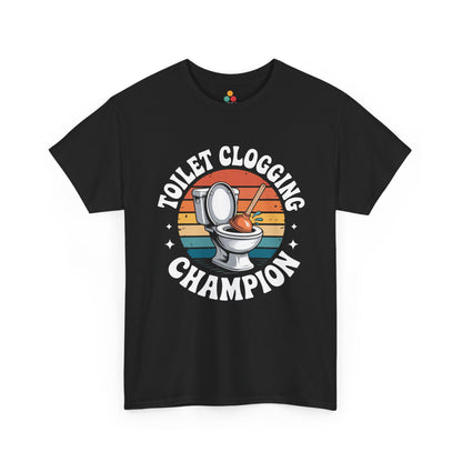 TEEZOCA black “Toilet Clogging Champion” retro sunset graphic t‑shirt shown flat.