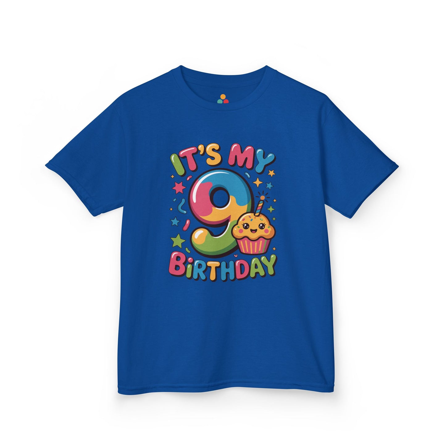 “Navy blue ‘It’s My 9th Birthday’ shirt, rainbow 9 with cupcake and stars, kids unisex tee.”

