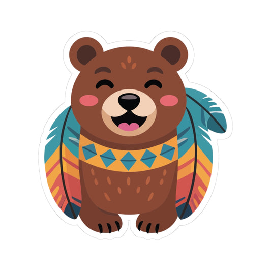 TEEZOCA happy tribal bear sticker with colorful feathers