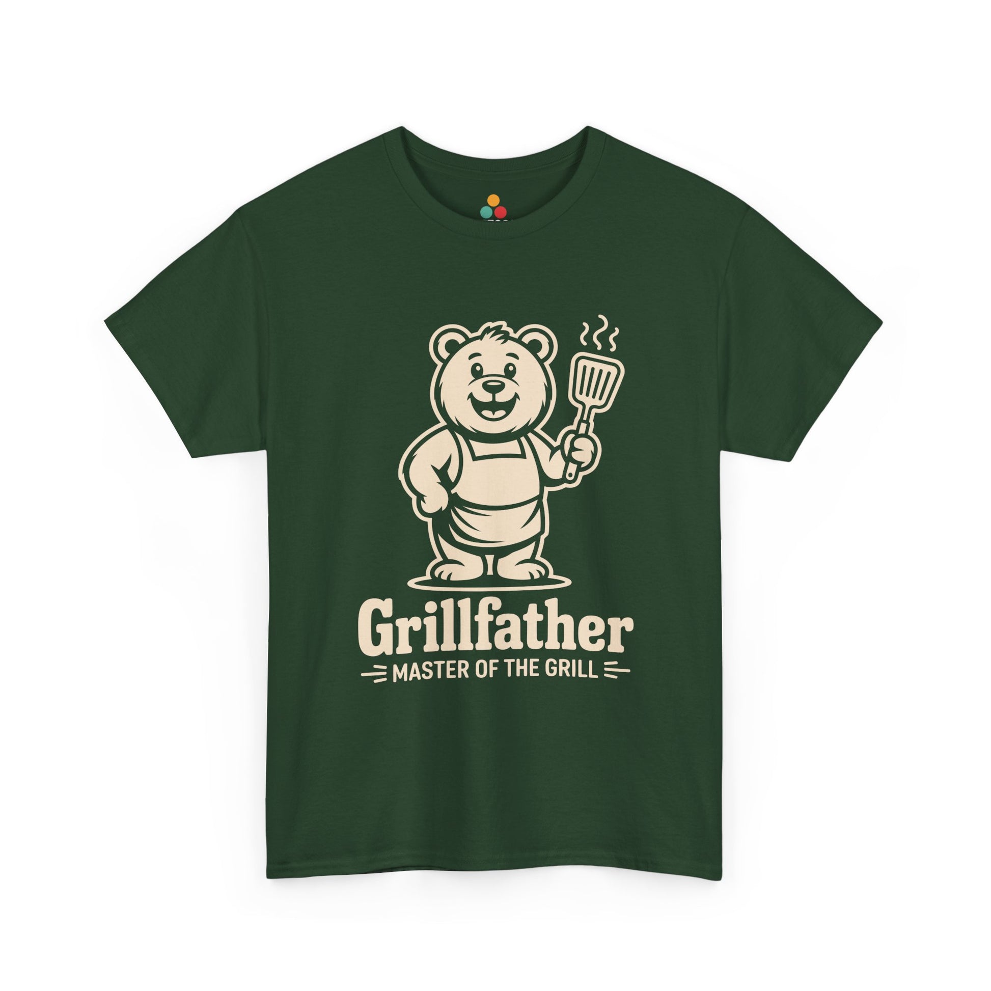 TEEZOCA green “Grillfather Master Of The Grill” BBQ dad graphic T‑shirt shown flat.