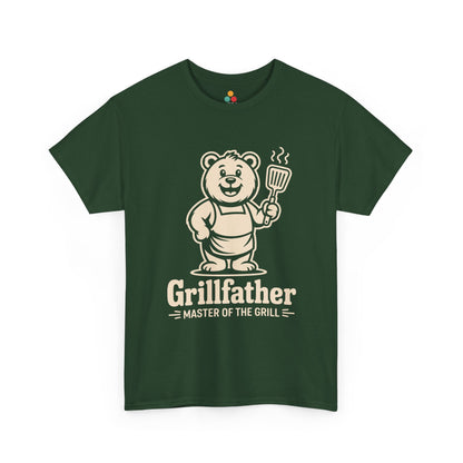TEEZOCA green “Grillfather Master Of The Grill” BBQ dad graphic T‑shirt shown flat.