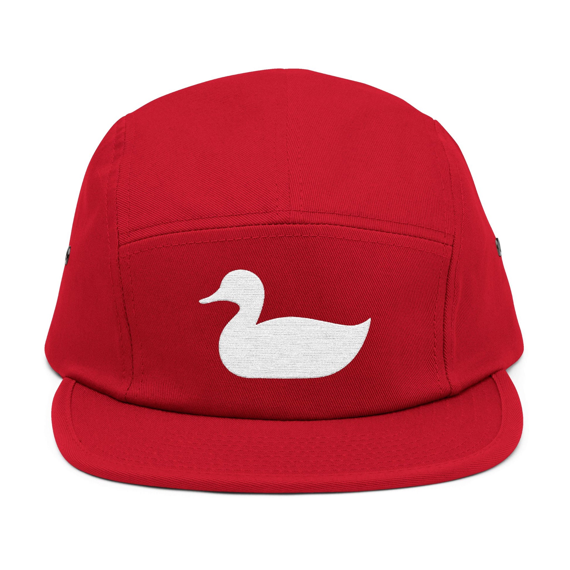 Red cap with a white duck logo on a white background. Minimal duck silhouette embroidered on 5-panel cap by TEEZOCA