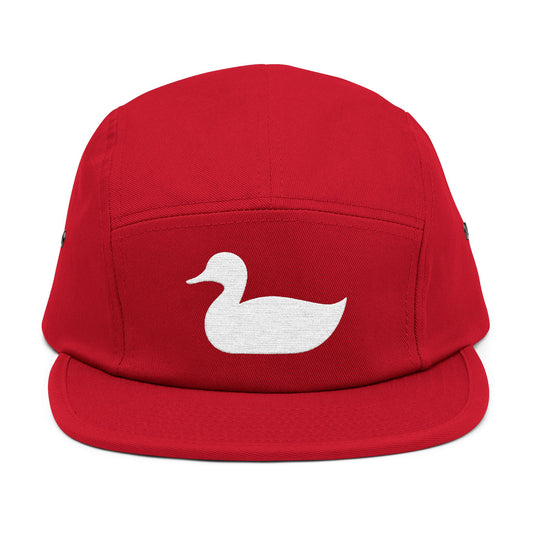 Red cap with a white duck logo on a white background. Minimal duck silhouette embroidered on 5-panel cap by TEEZOCA
