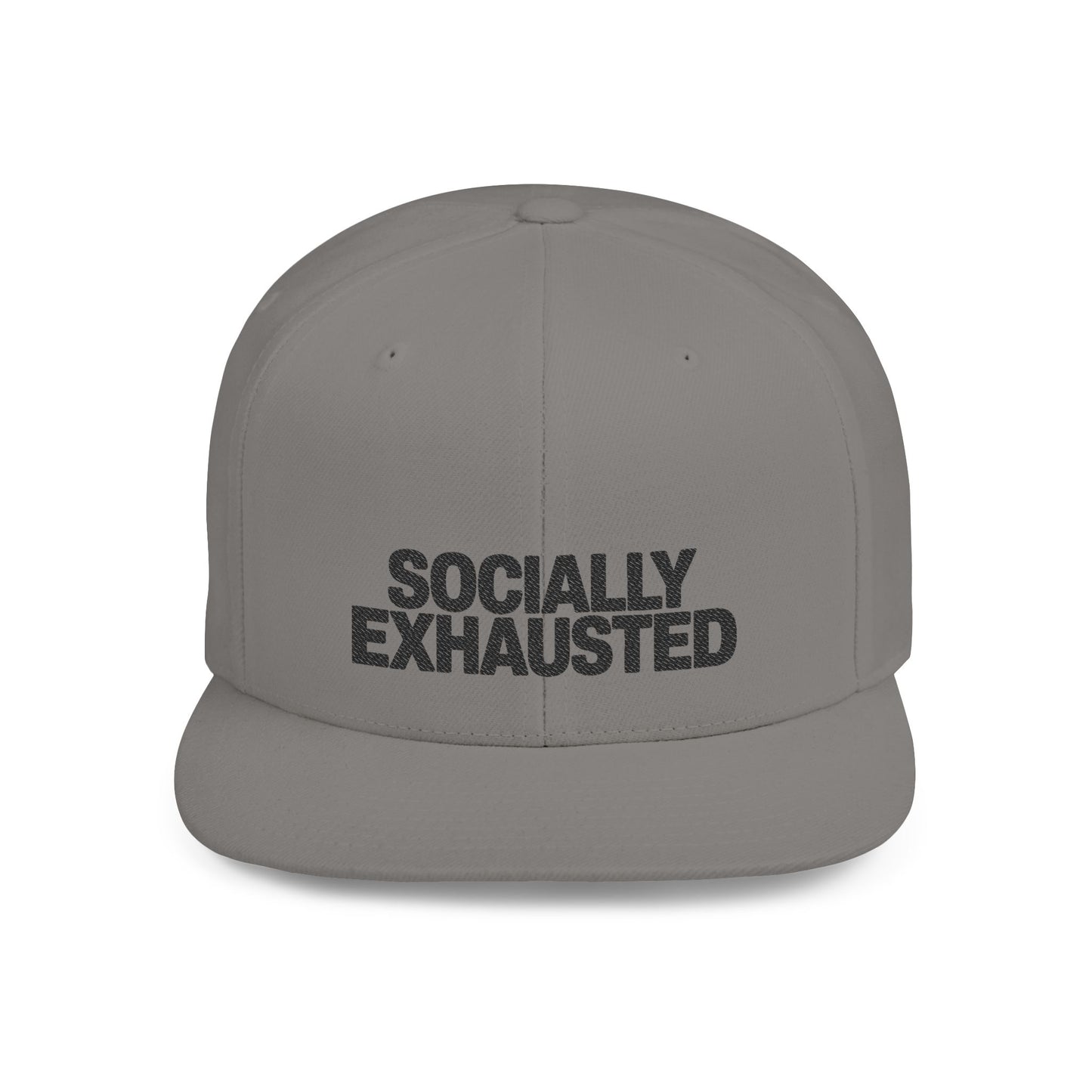 Gray cap with 'SOCIALLY EXHAusted' text on a white background
