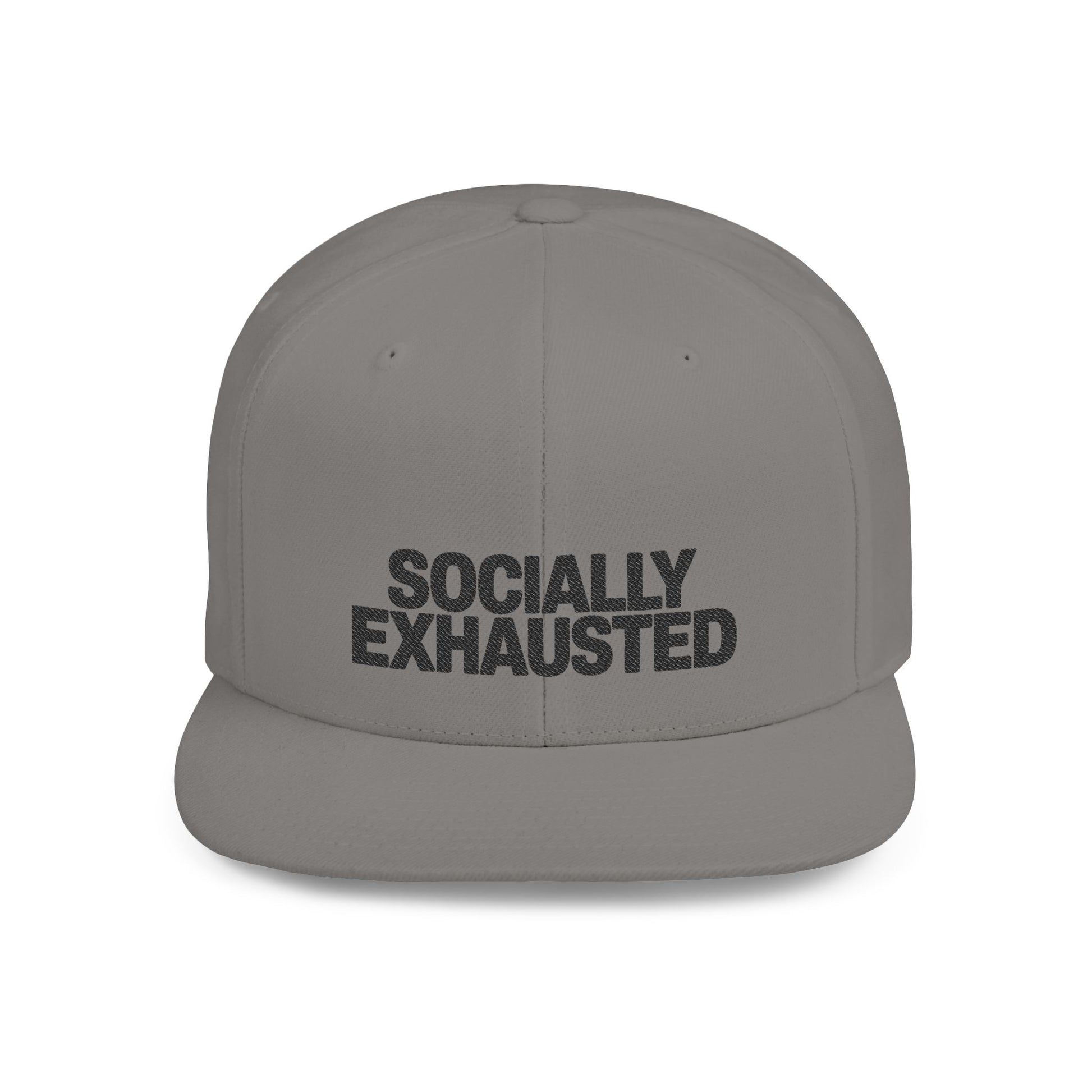 Gray cap with 'SOCIALLY EXHAusted' text on a white background