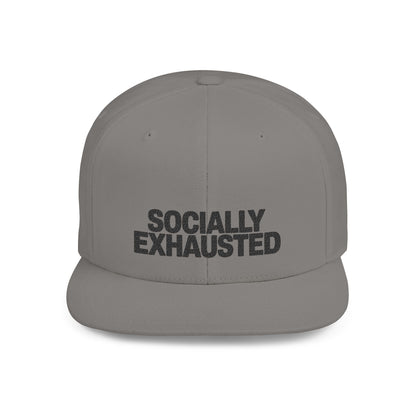 Gray cap with 'SOCIALLY EXHAusted' text on a white background