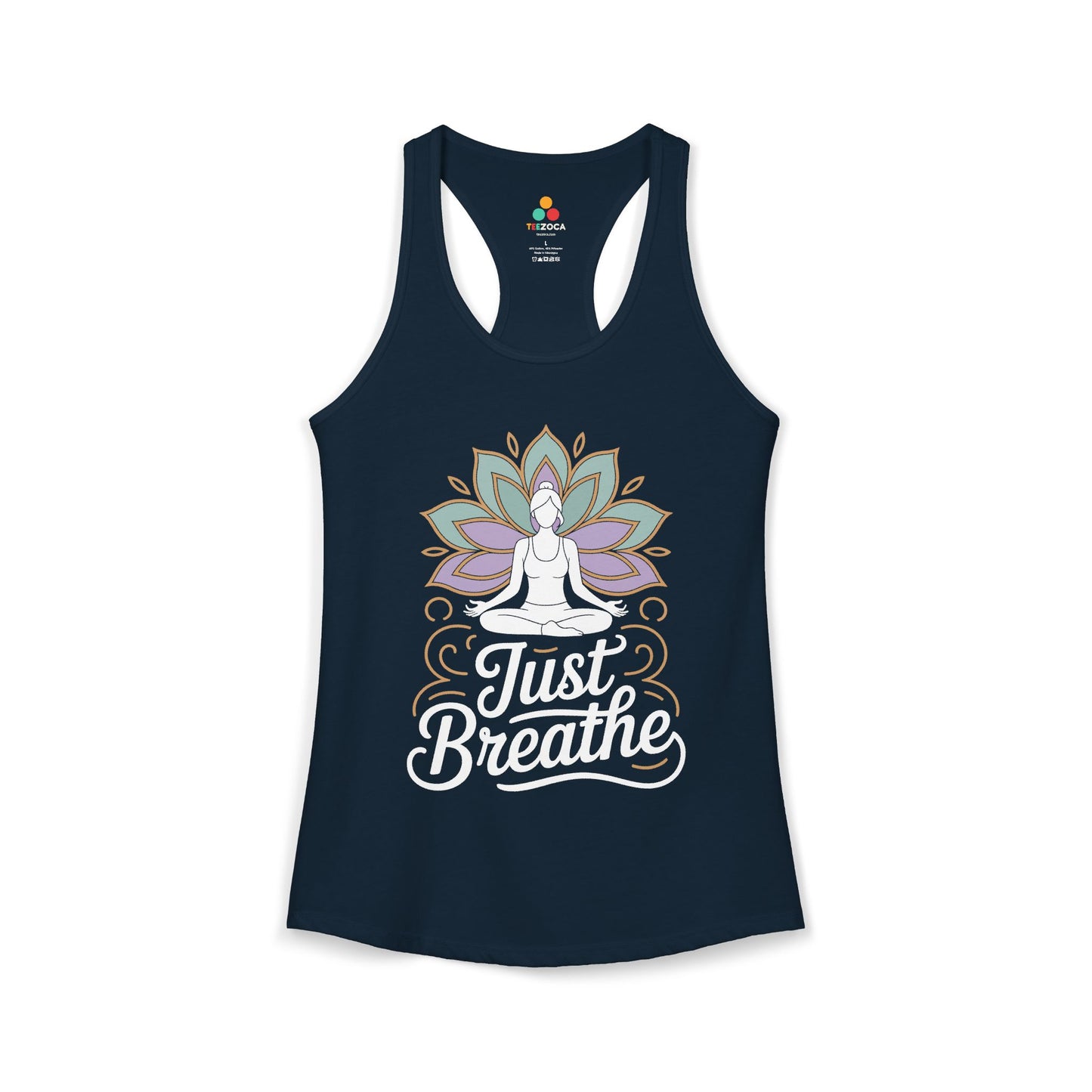 Navy tank top with a yoga-themed design and 'Just Breathe' text on a white background. TEEZOCA women’s yoga tank top with “Just Breathe” meditation and lotus mandala design