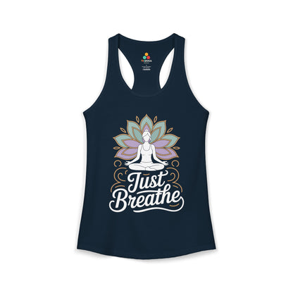 Navy tank top with a yoga-themed design and 'Just Breathe' text on a white background. TEEZOCA women’s yoga tank top with “Just Breathe” meditation and lotus mandala design