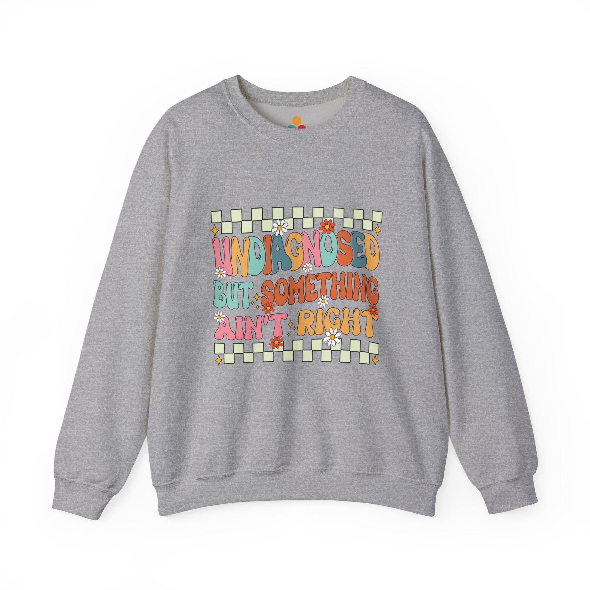 Gray sweatshirt with colorful text design on a white background