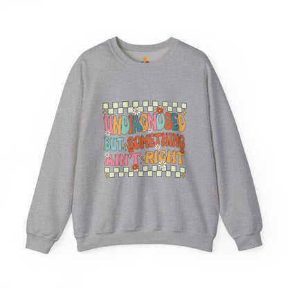 Gray sweatshirt with colorful text design on a white background