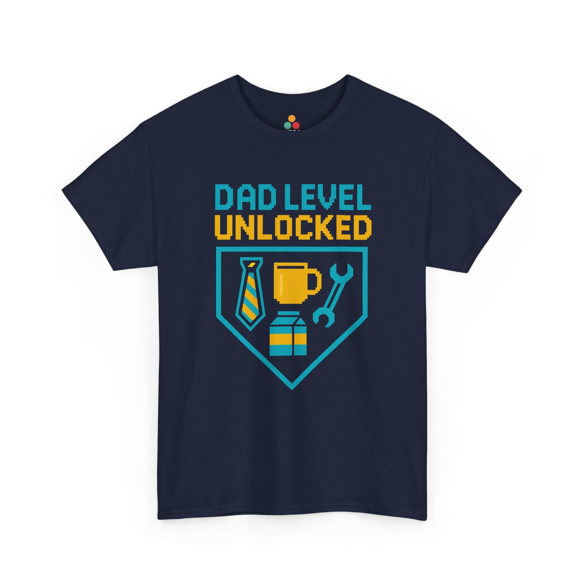 Navy blue t-shirt with 'Dad Level Unlocked' graphic design on a white background