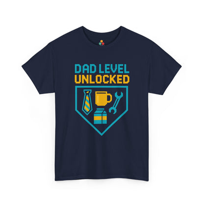 Navy blue t-shirt with 'Dad Level Unlocked' graphic design on a white background