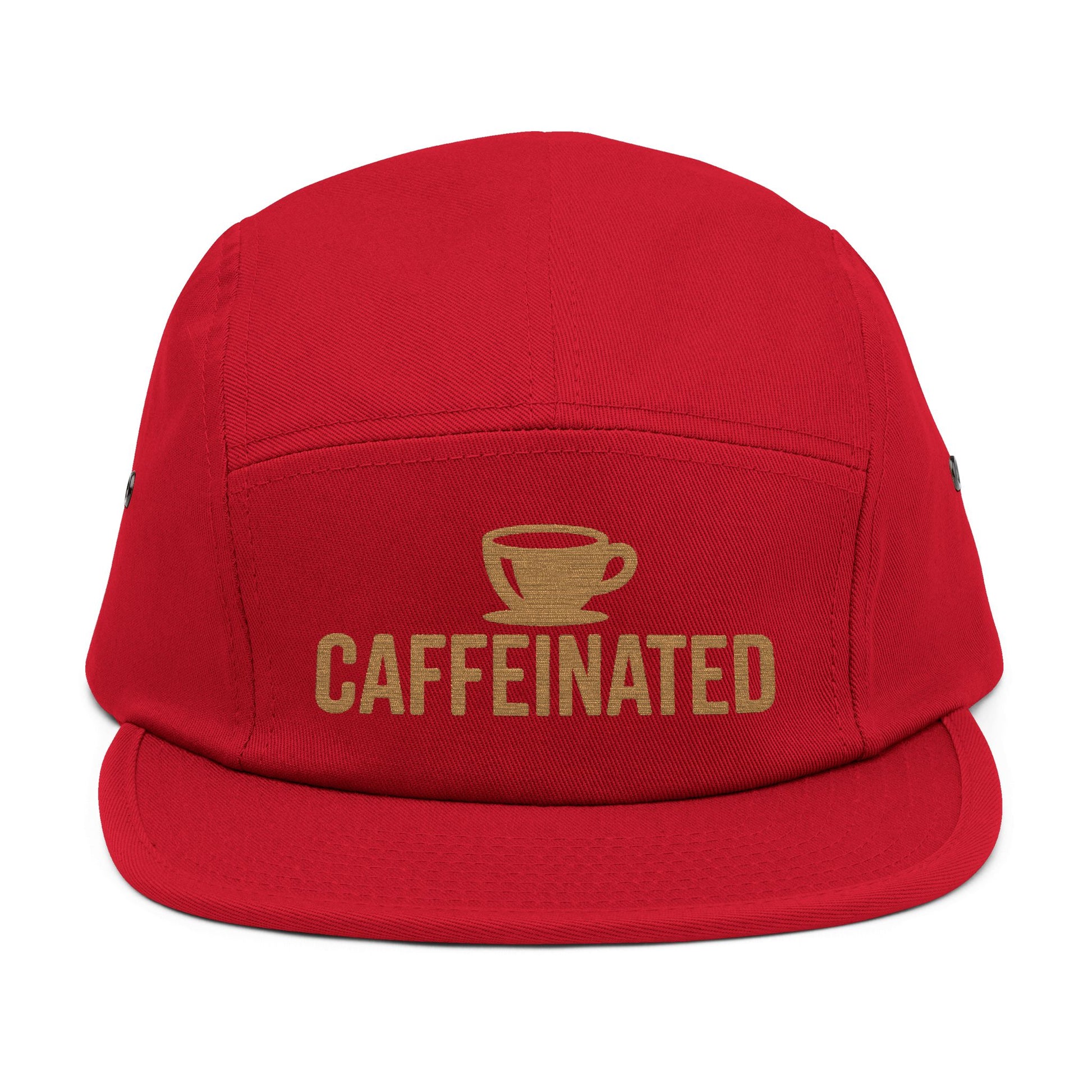 Red cap with 'CAFFEINATED' text and coffee cup graphic on a white background. Caffeinated coffee cup icon embroidered design on five-panel cap. TEEZOCA