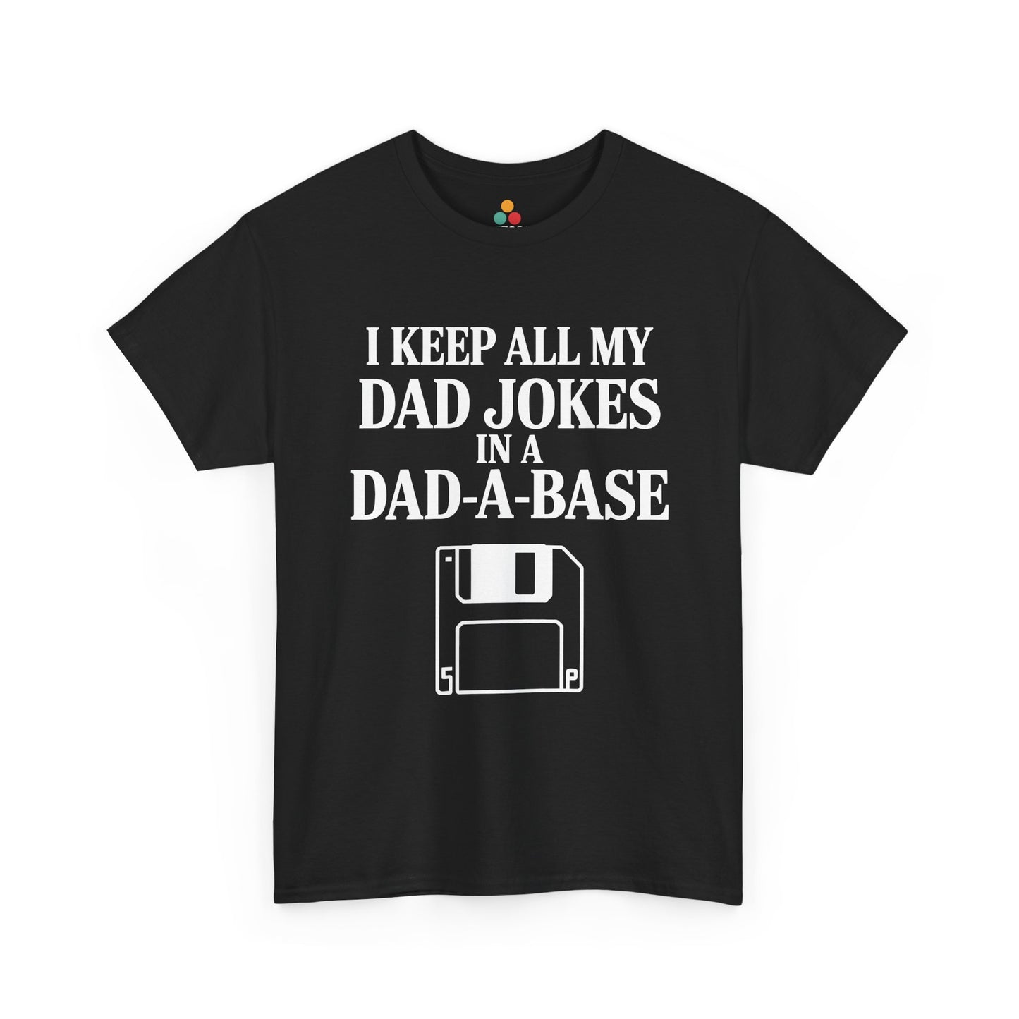 Black t-shirt with white text and floppy disc graphic on a white background. TEEZOCA Funny Dad Gift