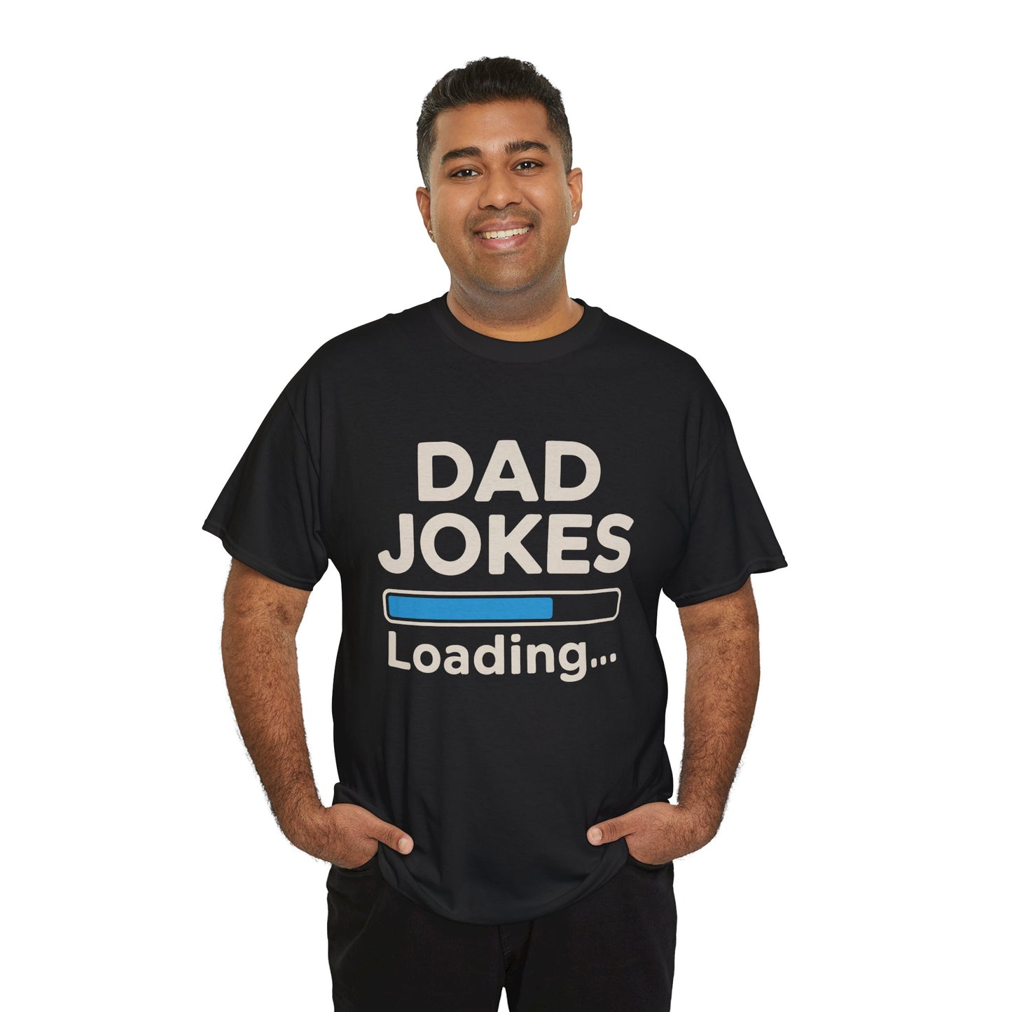 Smiling dad wearing a TEEZOCA “Dad Jokes Loading” novelty t‑shirt.