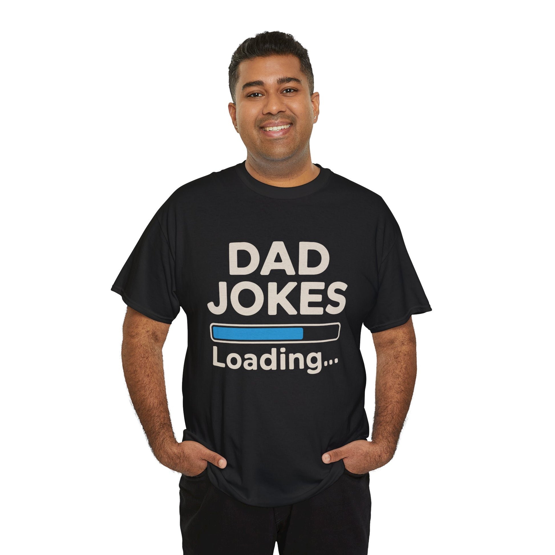 Smiling dad wearing a TEEZOCA “Dad Jokes Loading” novelty t‑shirt.