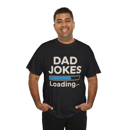 Smiling dad wearing a TEEZOCA “Dad Jokes Loading” novelty t‑shirt.
