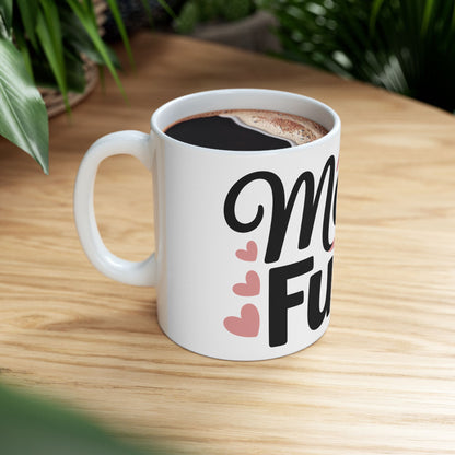 TEEZOCA statement mug showing the Mom Fuel design and warm coffee theme