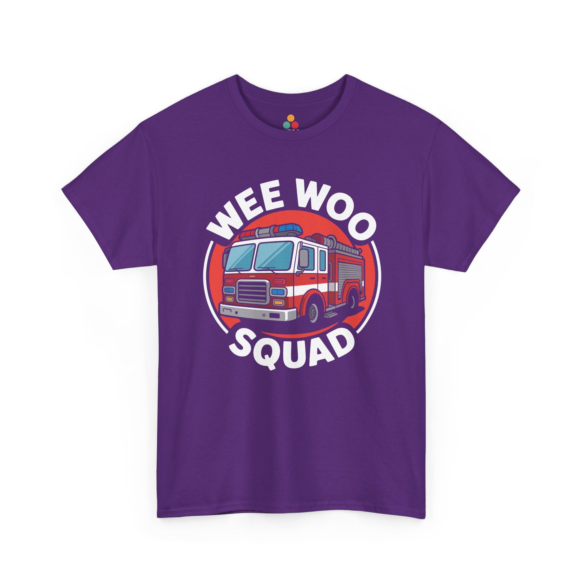 “Teezoca Wee Woo Squad t-shirt, cute firefighter fire truck design, purple tee, front view.”