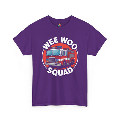 “Teezoca Wee Woo Squad t-shirt, cute firefighter fire truck design, purple tee, front view.”