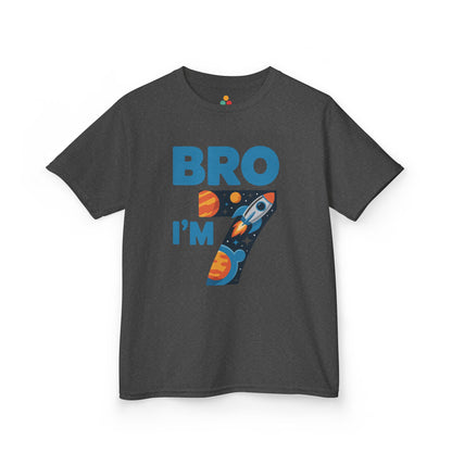 “Charcoal gray Teezoca Level 7 Birthday shirt, retro pixel gaming design, flat front display.”

