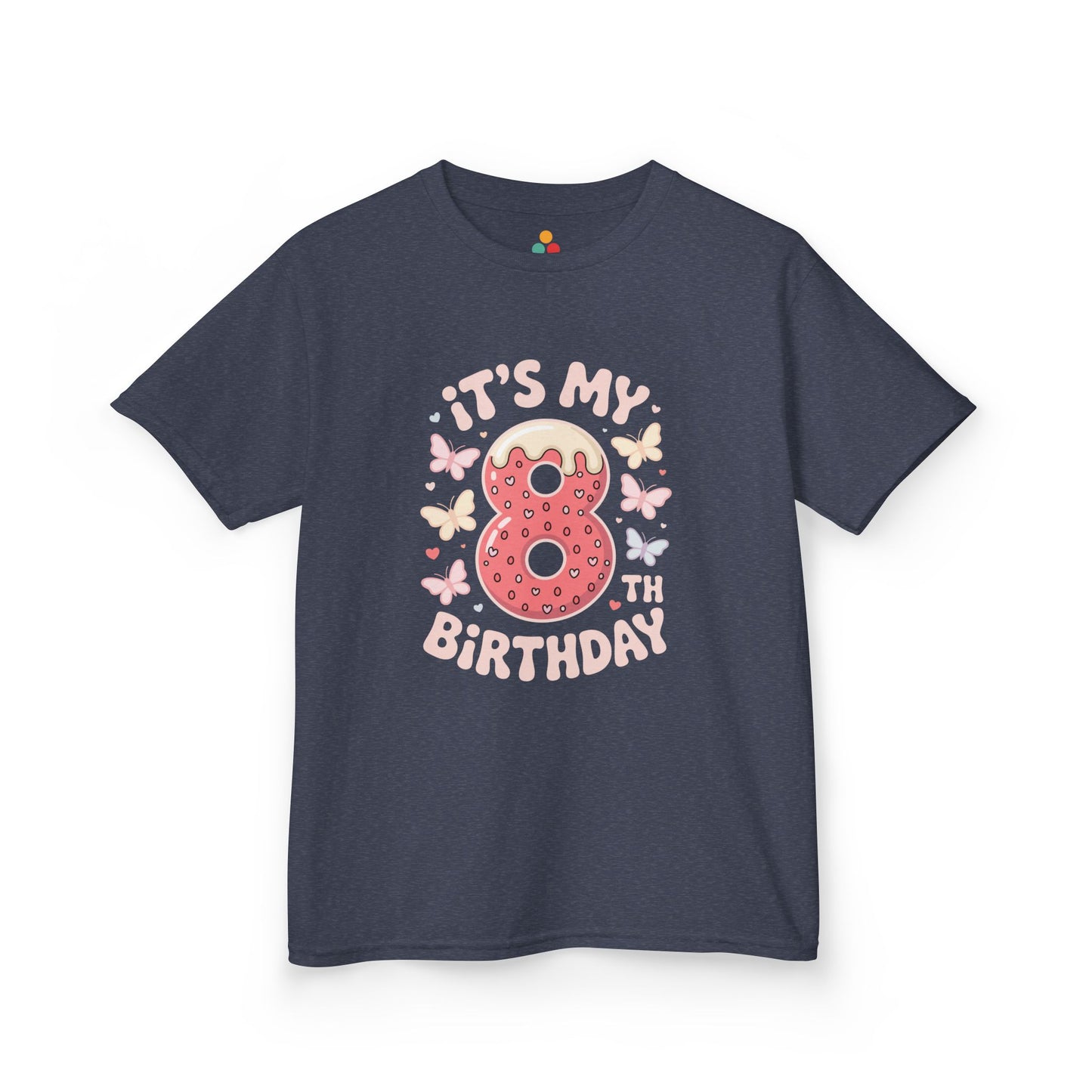 “Charcoal gray ‘It’s My 8th Birthday’ t‑shirt, pink sprinkle donut 8 and butterflies graphic, children’s birthday top.”

