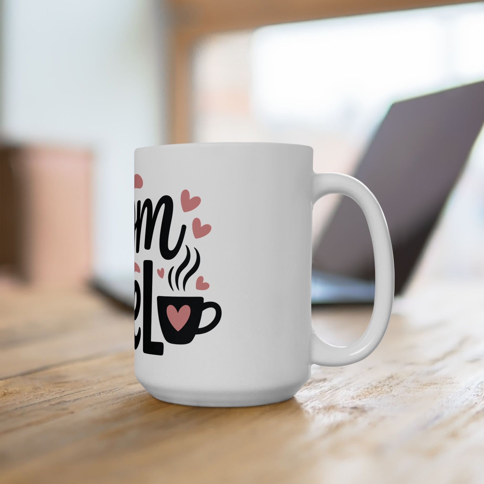 TEEZOCA mug design highlighting the Mom Fuel message with hearts and coffee