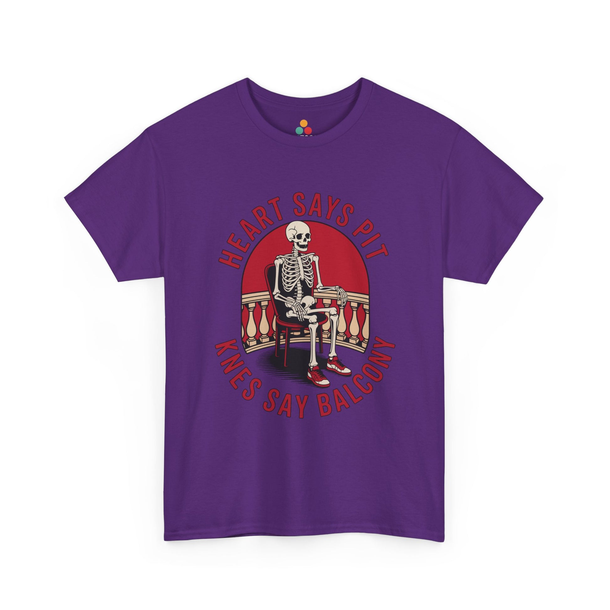 Purple t-shirt mockup with skeleton chair red circle “Heart Says Pit Knees Say Balcony” design, front print.