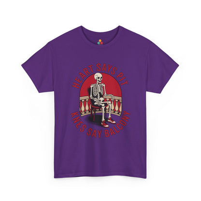 Purple t-shirt mockup with skeleton chair red circle “Heart Says Pit Knees Say Balcony” design, front print.