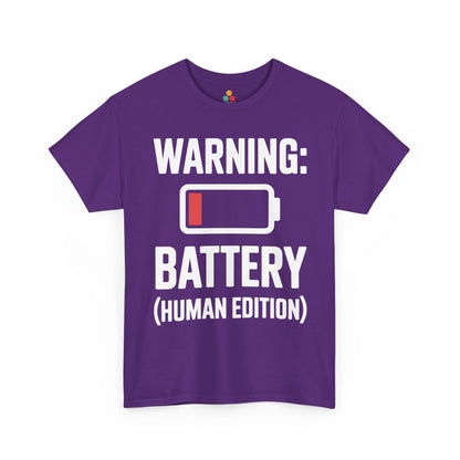 Purple t-shirt with white text 'WARNING: BATTERY (HUMAN EDITION)' on a white background | TEEZOCA