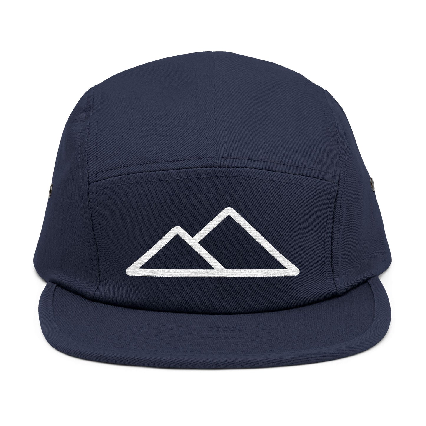 Navy blue cap with white mountain logo on a white background. Minimal mountain outline design embroidered on a 5-panel cap. TEEZOCA