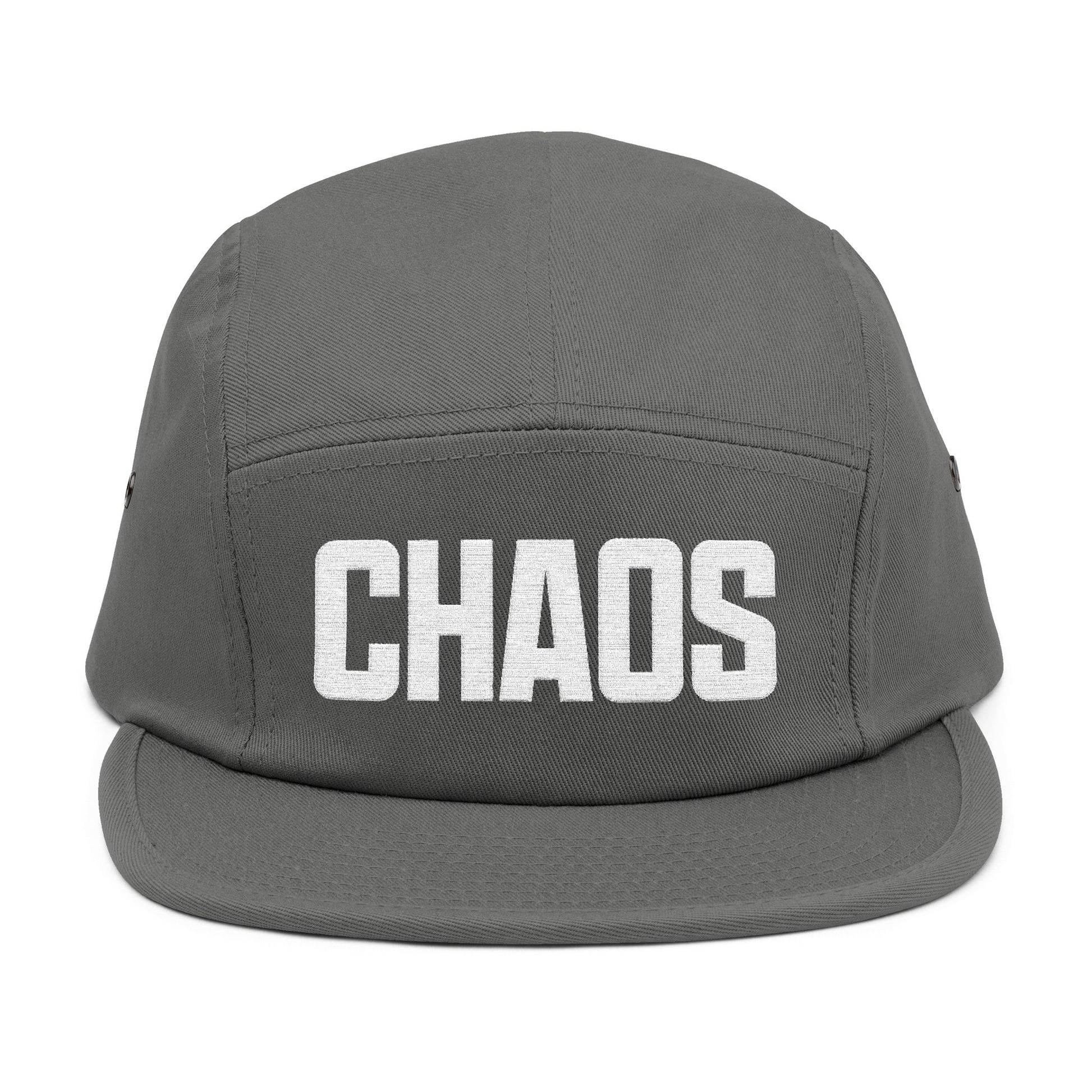 Gray cap with 'CHAOS' printed on the front against a white background. Minimalist CHAO⁠S typography artwork optimized for embroidery. TEEZOCA