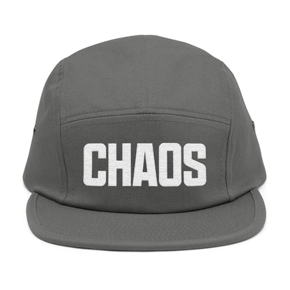 Gray cap with 'CHAOS' printed on the front against a white background. Minimalist CHAO⁠S typography artwork optimized for embroidery. TEEZOCA