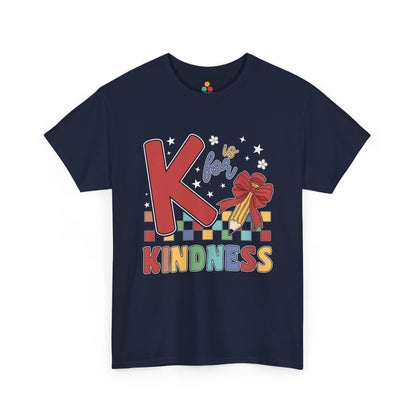“Teezoca K is for Kindness teacher shirt, big red K and colorful kindness letters, navy blue tee, front view.”