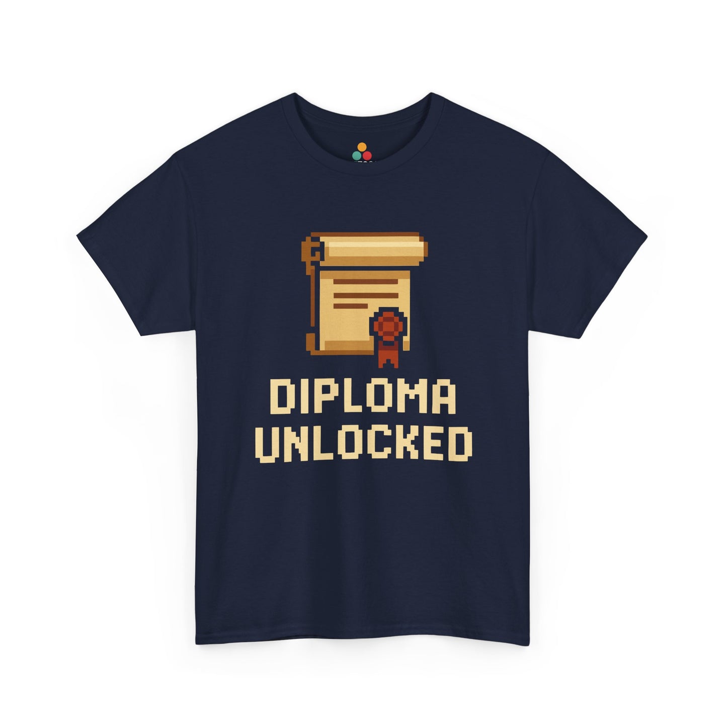 Navy blue t-shirt with 'Diploma Unlocked' graphic and text on a white background