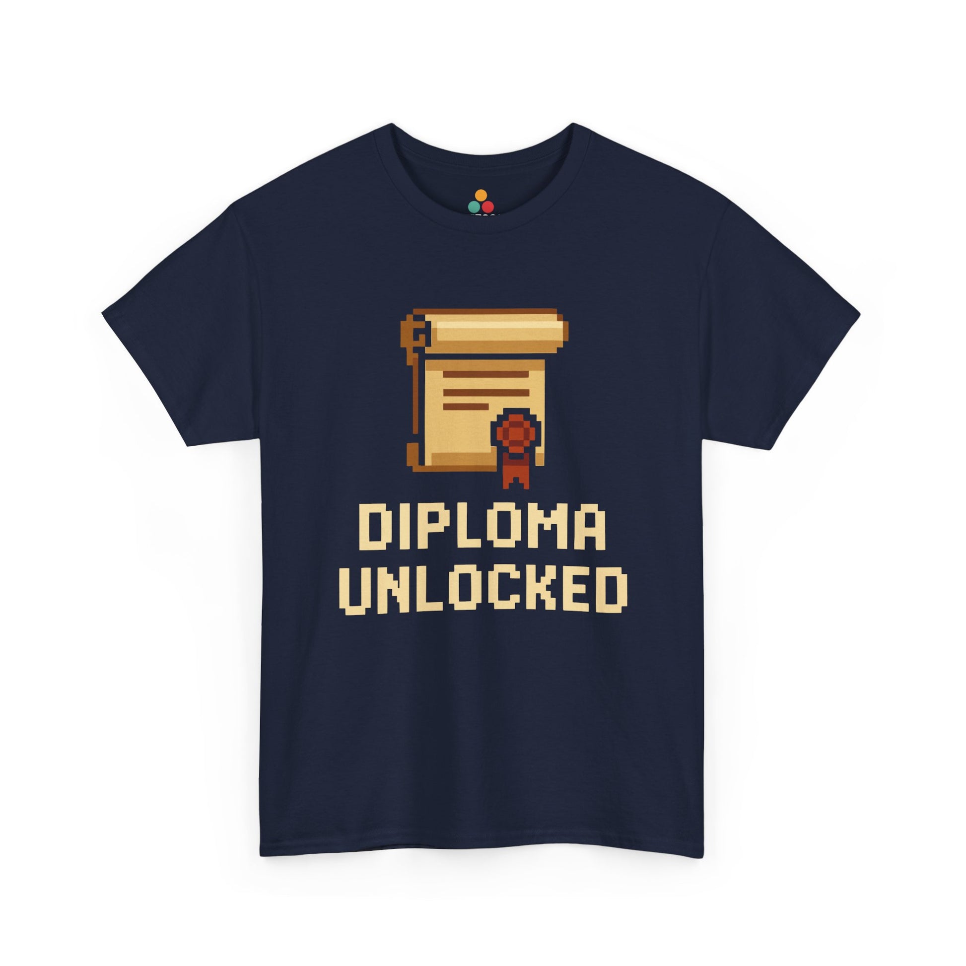 Navy blue t-shirt with 'Diploma Unlocked' graphic and text on a white background
