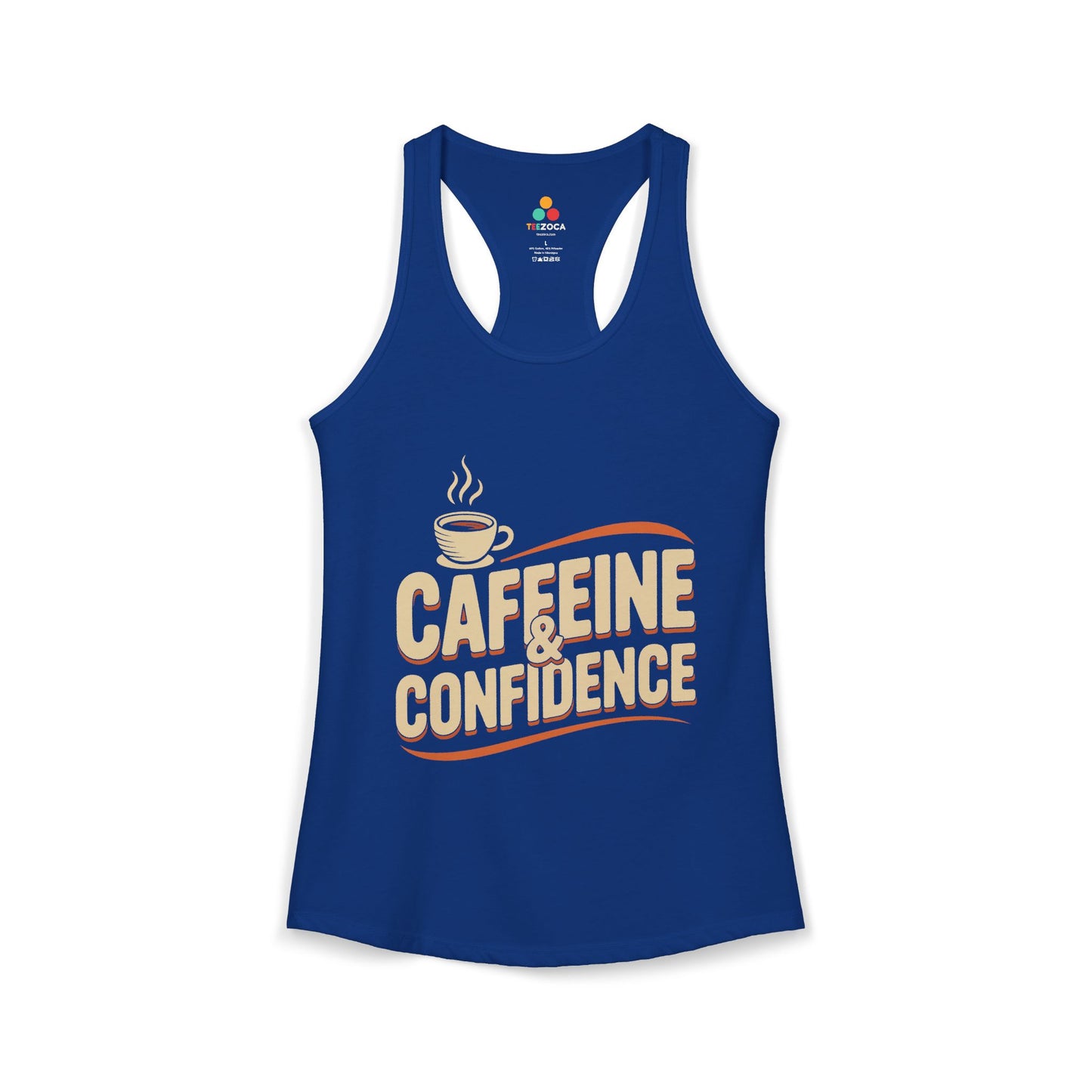 Blue tank top with 'Caffeine & Confidence' text and coffee cup graphic on a white background. TEEZOCA women’s coffee tank top with “Caffeine & Confidence” typography and coffee cup design