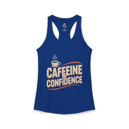 Blue tank top with 'Caffeine & Confidence' text and coffee cup graphic on a white background. TEEZOCA women’s coffee tank top with “Caffeine & Confidence” typography and coffee cup design